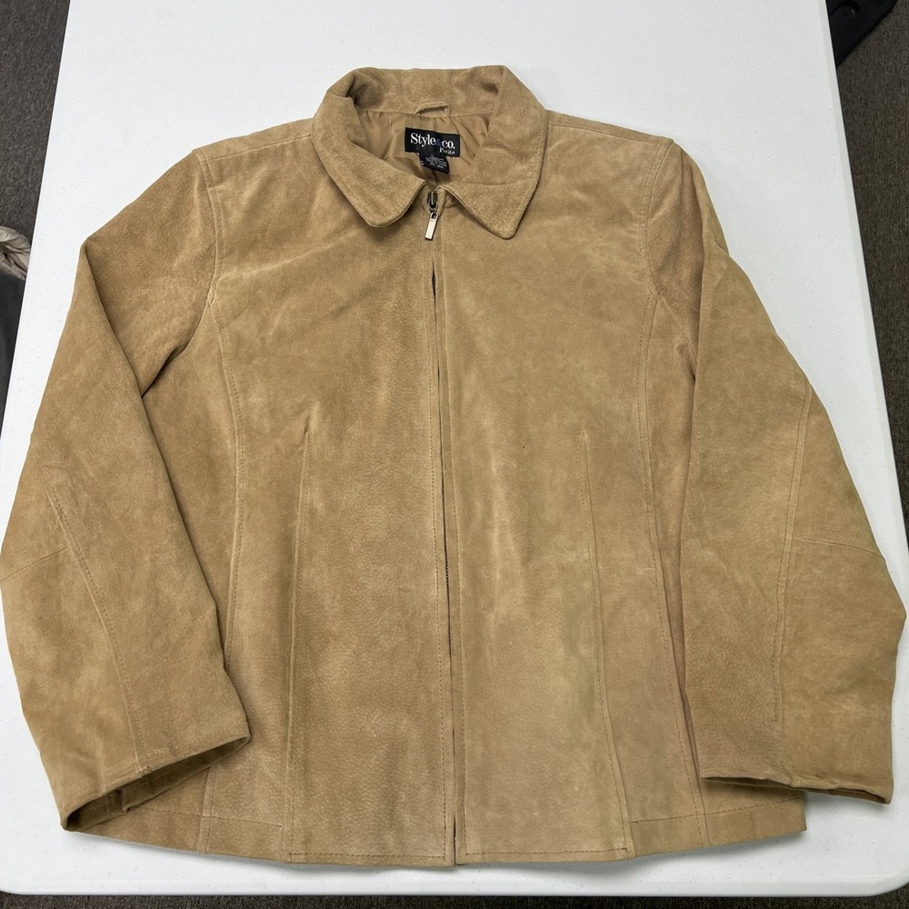 Style & Co Suede Jacket Petite L Tan Full Zip Lined Classic Outerwear Boho G1